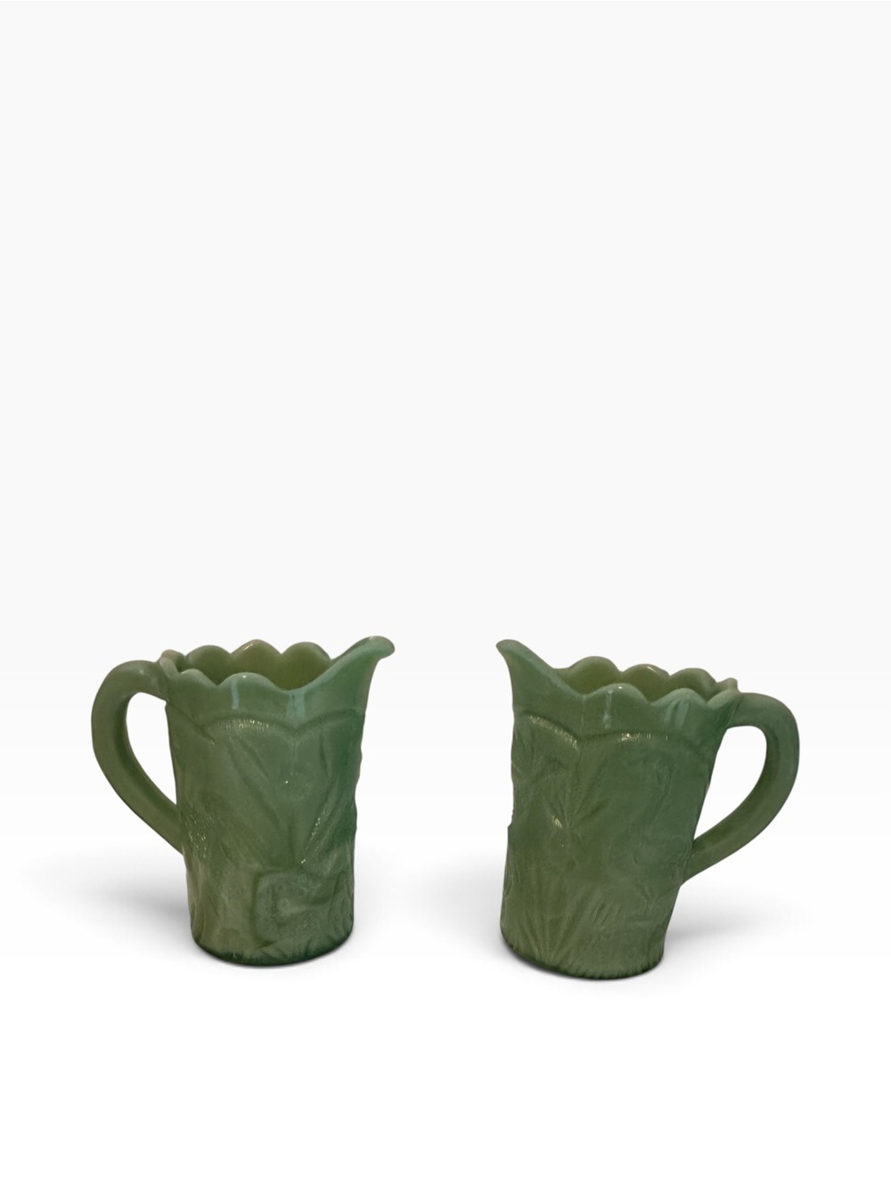 Jadeite Green Milk Glass Creamer Pitcher with Embossed Floral Peacock Motive